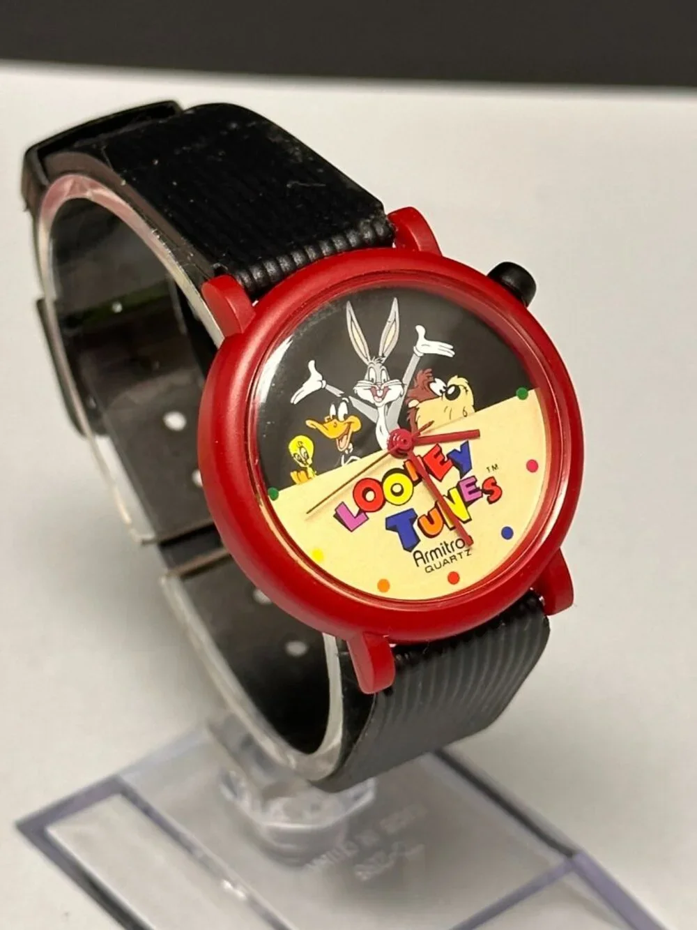 Vintage Looney Tunes Watch Mens Black Red Resin Band Bugs Bunny New Battery